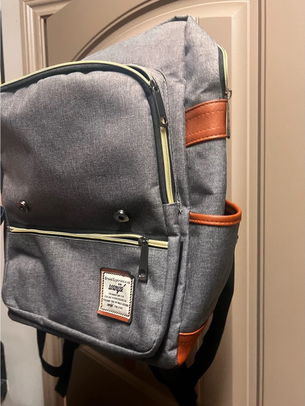 Wenjie Gray Canvas Backpack Brown Faux Leather Trim